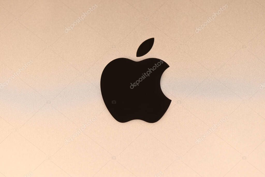 KHARKIV, UKRAINE - JANUARY 27, 2021: Brand new Apple iPad golden body surface with company logo. Apple Inc. is an American technology company headquartered in California