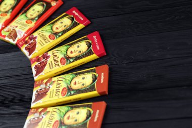 KHARKIV, UKRAINE - JANUARY 27, 2021: Alyonka chocolate square bars - product from Red October chocolate factory. Old russian traditional chocolate design