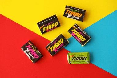 TERNOPIL, UKRAINE - MAY 28, 2022: Turkish retro chewing gums Turbo extreme with nostalgic design from 80s times
