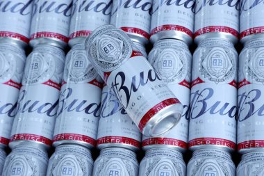SUMY, UKRAINE - AĞUSTOS 01, 2021: Most Conans of Budweiser Alkol Birası - Budweiser Brezilya şirketi Ambev 'in altında Anheuser-Busch Inbev' den bir markadır.