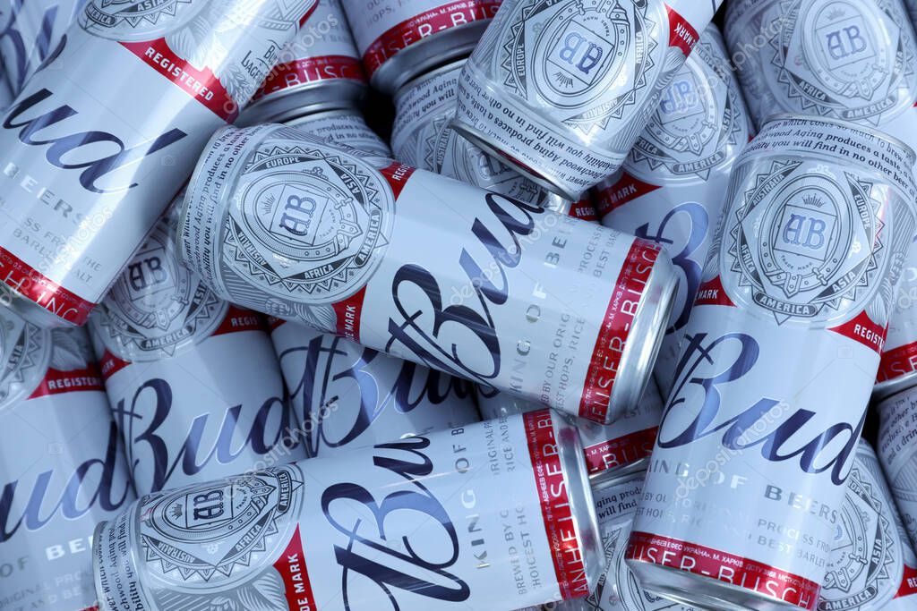 SUMY, UKRAINE AUGUST 01, 2021 Many Cans of Budweiser Lager Alcohol