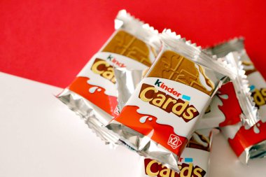 TERNOPIL, UKRAINE - JUNY 3, 2022: Kinder Chocolate Cards product pack. Kinder is a confectionery product brand line of Italian multinational confectionery Ferrero.