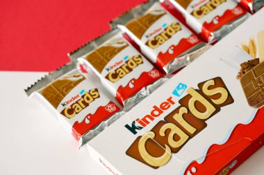TERNOPIL, UKRAINE - JUNY 3, 2022: Kinder Chocolate Cards product pack. Kinder is a confectionery product brand line of Italian multinational confectionery Ferrero.