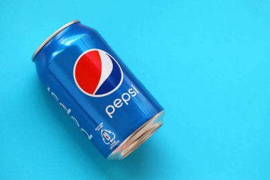 TERNOPIL, UKRAINE - MAY 28, 2022: Cold Pepsi drink can. Pepsi is a carbonated soft drink produced by PepsiCo since 1893