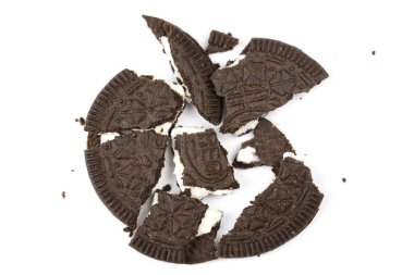 KHARKIV, UKRAINE - FEBRUARY 14, 2021: Oreo thin crispy cookie on white background. The brand Oreo is owned by american company Mondelez international