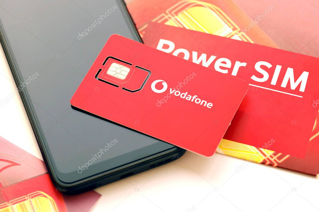 TERNOPIL, UKRAINE - JULY 5, 2022: Vodafone Power SIM mobile card by Vodafone group plc - British multinational telecommunications company who owns and operates networks in 22 countries