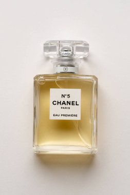 TERNOPIL, UKRAINE - SEPTEMBER 2, 2022 Chanel Number 5 Eau Premiere worldwide famous french perfume bottle on white paper background