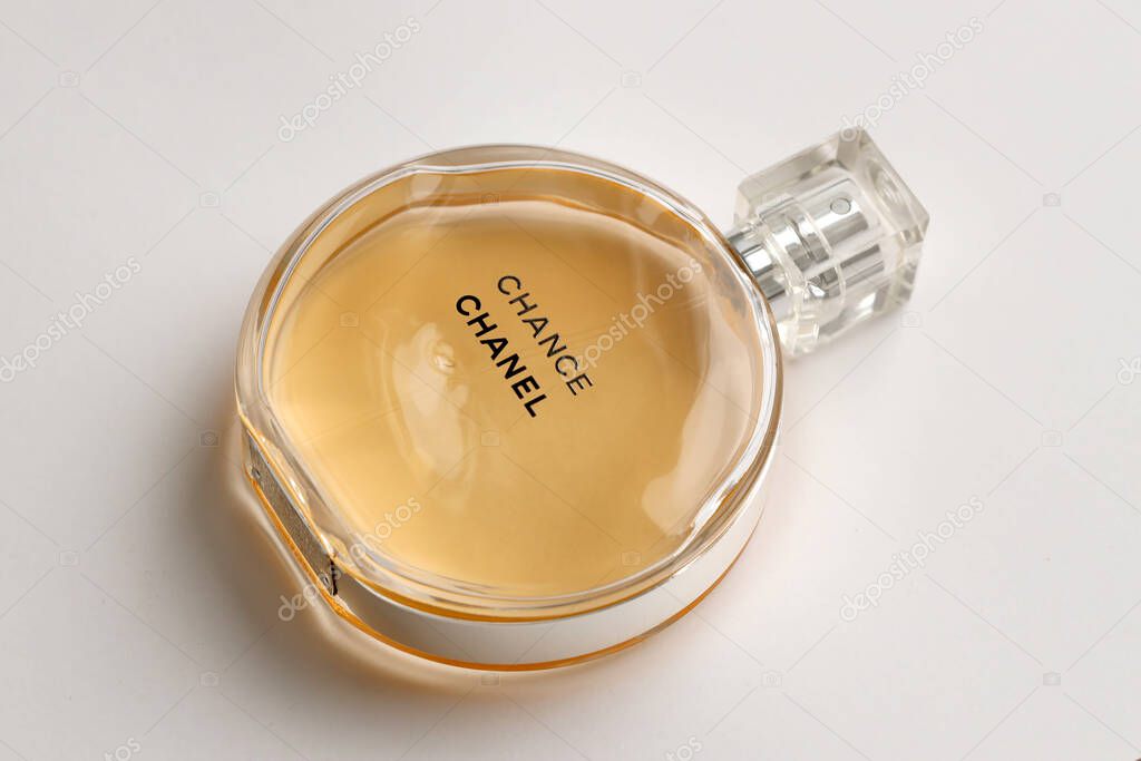 TERNOPIL, UKRAINE - SEPTEMBER 2, 2022 Chanel Chance worldwide famous french perfume bottle on white paper background