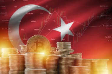 Hindi bayrağı ve büyük miktarda altın bitcoin sikkeler ve ticaret platformu şeması. Kripto para birimi kavramı