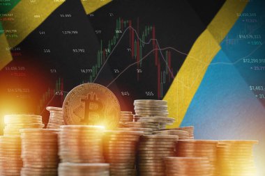Tanzanya bayrağı ve büyük miktarda altın bitcoin sikkeler ve ticaret platformu şeması. Kripto para birimi kavramı