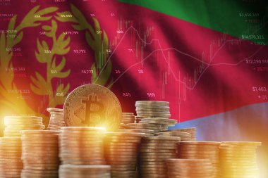 Eritre bayrağı ve büyük miktarda altın bitcoin sikkeler ve ticaret platformu şeması. Kripto para birimi kavramı