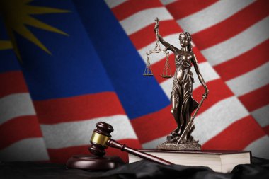 Malaysia flag with statue of lady justice, constitution and judge hammer on black drapery. Concept of judgement and punishment clipart