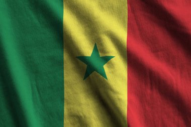 Büyük kıvrımlı Senegal bayrağı stüdyo ışıklarının altında sallanıyor. Resmi semboller ve renkler kumaş pankartıyla