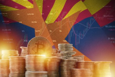 Arizaona eyalet bayrağı ve büyük miktarda altın bitcoin sikkeler ve ticaret platformu şeması. Kripto para birimi kavramı