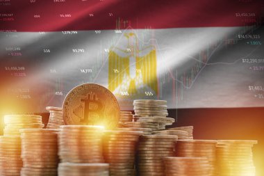 Mısır bayrağı ve büyük miktarda altın bitcoin sikkeler ve ticaret platformu şeması. Kripto para birimi kavramı