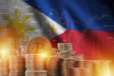Filipinler bayrağı ve büyük miktarda altın bitcoin sikkeler ve ticaret platformu şeması. Kripto para birimi kavramı