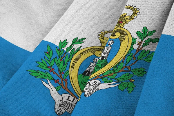 Флаг Сан Марино Большими Складками Размахивающими Близко Студийным Светом Внутри — стоковое фото