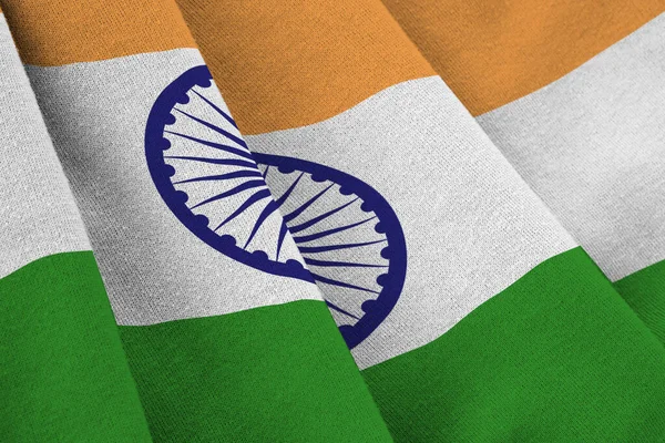 Σημαία Ινδίας Μεγάλες Πτυχές Κυματίζει Κοντά Κάτω Από Φως Στούντιο — Φωτογραφία Αρχείου