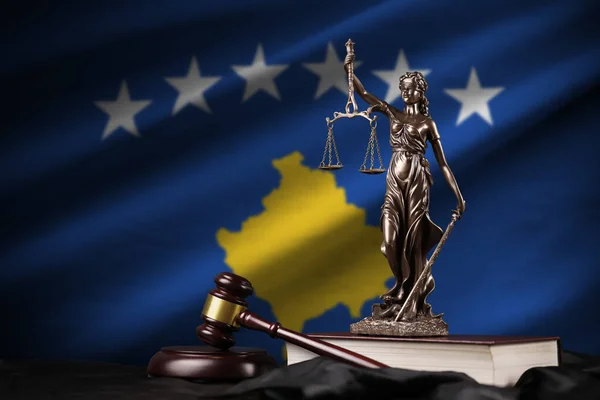 Kosovo Flag Statue Lady Justice Constitution Judge Hammer Black Drapery — Stock Photo, Image