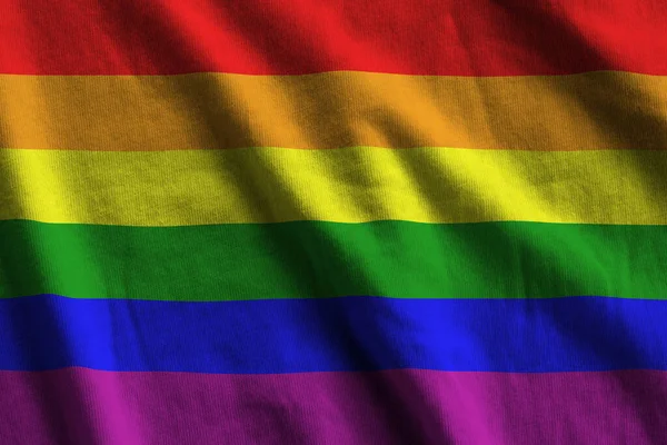 Bandera Comunidad Lgbt Con Grandes Pliegues Ondeando Cerca Bajo Luz — Foto de Stock