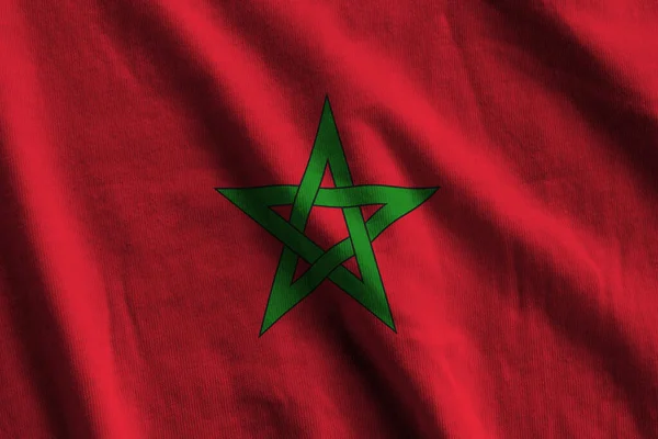 Morocco Flag Big Folds Waving Close Studio Light Indoors Official — Stock Photo, Image