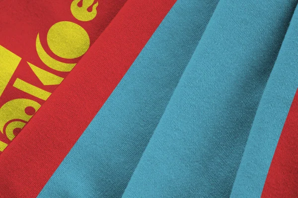 Mongolia Bandiera Con Grandi Pieghe Sventolando Vicino Sotto Luce Studio — Foto Stock
