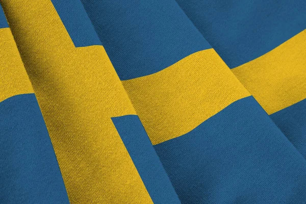 Sverige Flagga Med Stora Veck Viftar Tätt Studioljuset Inomhus Officiella — Stockfoto