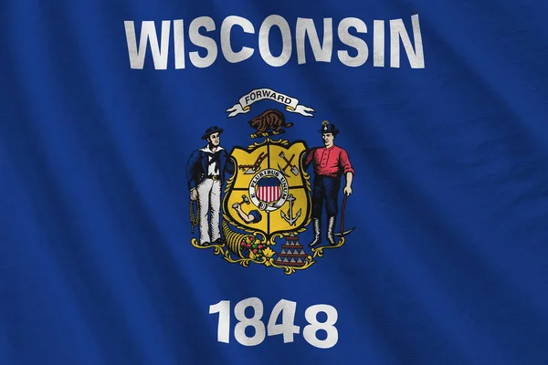 Wisconsin Amerikaanse Staatsvlag Met Grote Plooien Zwaaien Close Onder Studio — Stockfoto