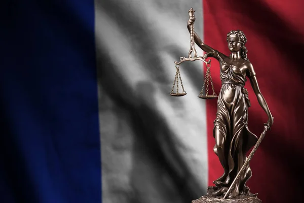 Frankrijk Vlag Met Standbeeld Van Dame Rechtvaardigheid Gerechtelijke Schalen Donkere — Stockfoto
