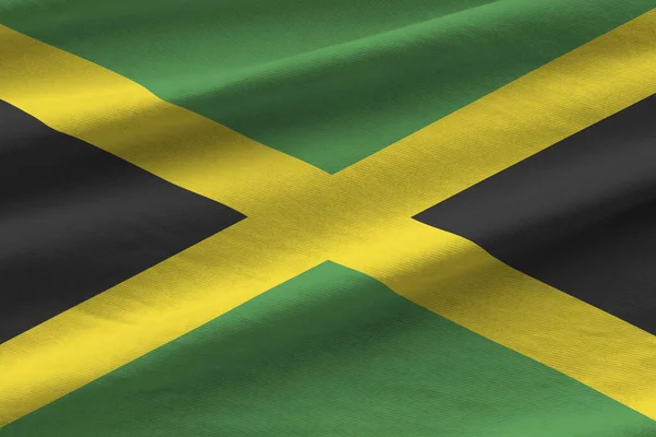 Jamaica Vlag Met Grote Plooien Zwaaien Close Onder Studio Licht — Stockfoto