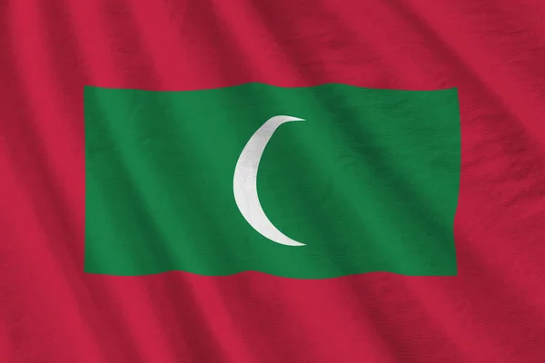 Maldív Szigetek Zászló Nagy Redők Integetett Szoros Alatt Stúdió Fény — Stock Fotó