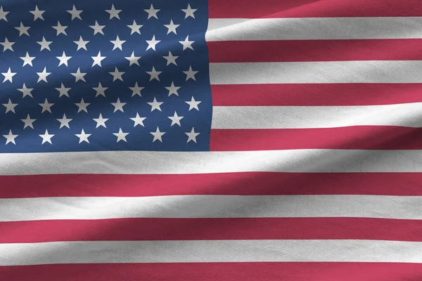在室内的演播室灯光下 飘扬着巨大褶皱的美利坚合众国国旗 织物横幅中的官方符号和颜色 — 图库照片