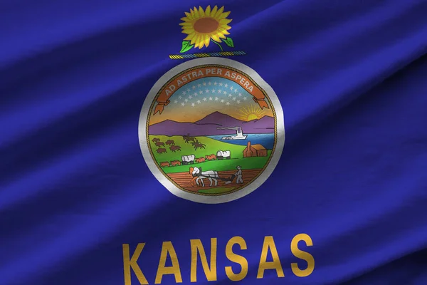Kansas Amerikaanse Staatsvlag Met Grote Plooien Zwaaien Close Onder Studio — Stockfoto
