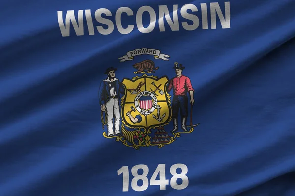 Wisconsin Amerikaanse Staatsvlag Met Grote Plooien Zwaaien Close Onder Studio — Stockfoto
