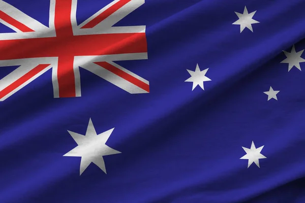 Bandera Australia Con Grandes Pliegues Ondeando Cerca Bajo Luz Del — Foto de Stock