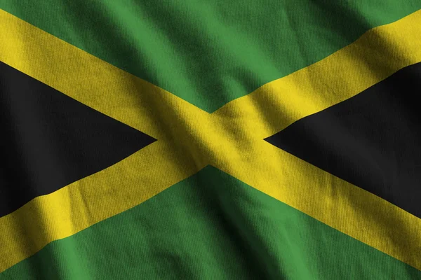 Jamaica Flagga Med Stora Veck Viftar Tätt Studion Ljus Inomhus — Stockfoto