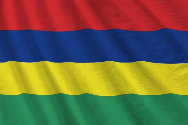 Bandera Mauricio Con Grandes Pliegues Ondeando Cerca Bajo Luz Del —  Fotos de Stock