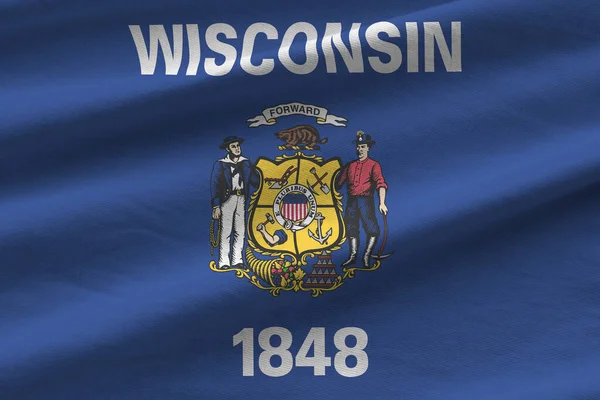 Wisconsin Amerikaanse Staatsvlag Met Grote Plooien Zwaaien Close Onder Studio — Stockfoto