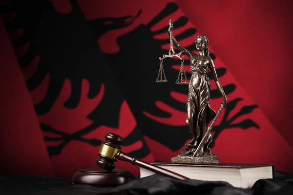 Albania Flag Statue Lady Justice Constitution Judge Hammer Black Drapery — Stock Photo, Image