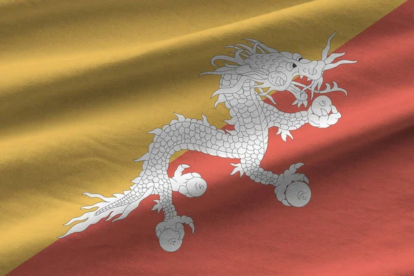 Bandera Bután Con Grandes Pliegues Ondeando Cerca Bajo Luz Del — Foto de Stock