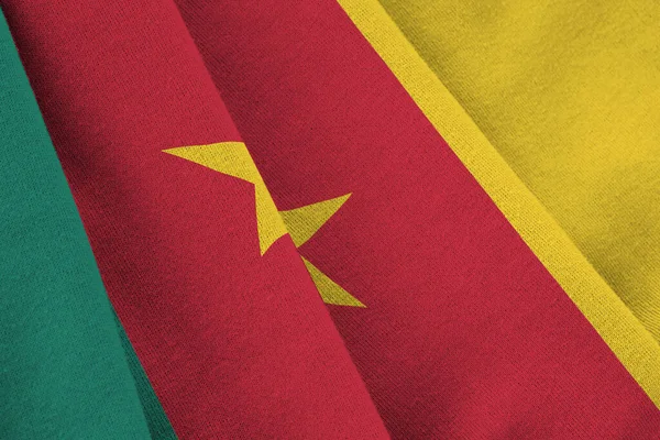 Drapeau Cameroun Avec Grands Plis Agitant Gros Plan Sous Lumière — Photo