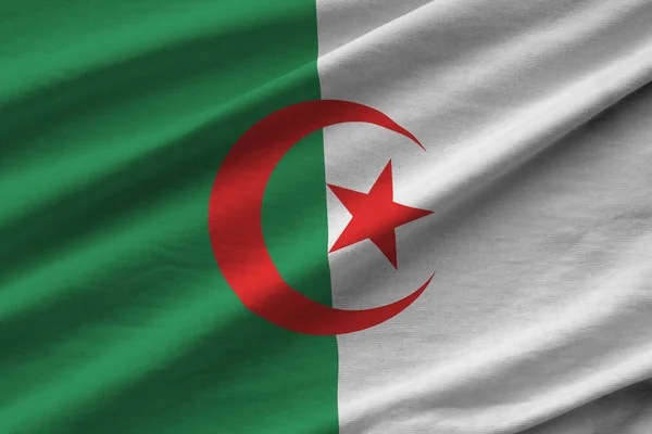 Прапор Алжиру Великими Складками Махають Під Освітленням Студії Офіційні Символи — стокове фото
