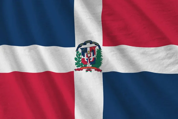 Dominikánská Republika Vlajka Velkými Záhyby Mávající Zblízka Pod Studiovým Světlem — Stock fotografie