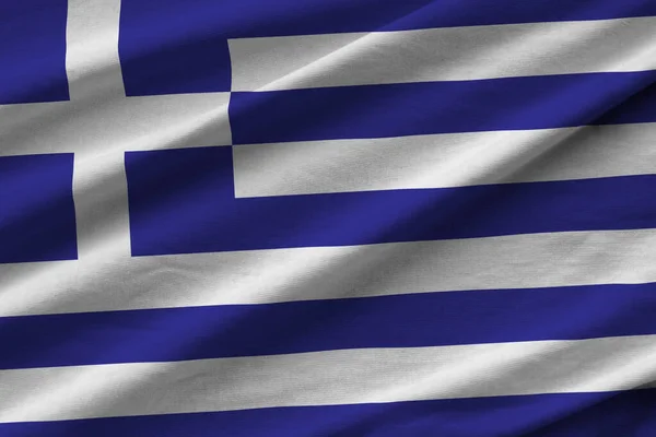 Bandeira Grécia Com Grandes Dobras Acenando Perto Sob Luz Estúdio — Fotografia de Stock