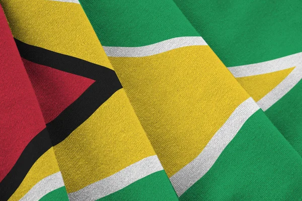 Флаг Гайаны Большими Складками Размахивающими Близко Студийным Освещением Помещении Официальные — стоковое фото