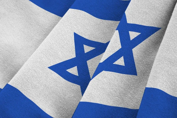 Izraelská Vlajka Velkými Záhyby Mávající Zblízka Pod Studiovým Světlem Uvnitř — Stock fotografie
