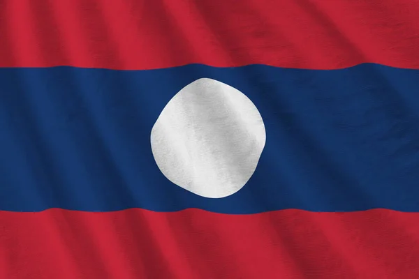 Bandiera Laos Con Grandi Pieghe Che Sventolano Vicino Sotto Luce — Foto Stock