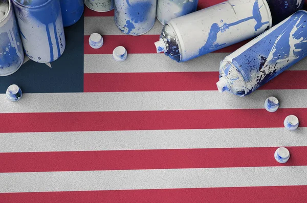 Liberia Flag Few Used Aerosol Spray Cans Graffiti Painting Street — Stock Photo, Image