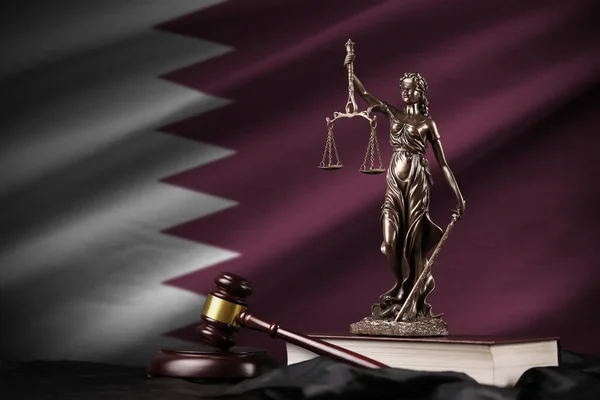 Qatar Flag Statue Lady Justice Constitution Judge Hammer Black Drapery — Stock Photo, Image