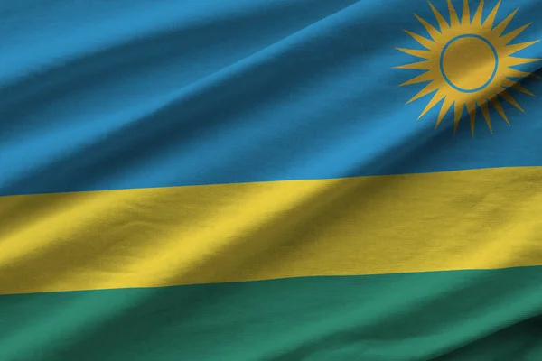 Rwanda Flag Big Folds Waving Close Studio Light Indoors Official — Stock Photo, Image